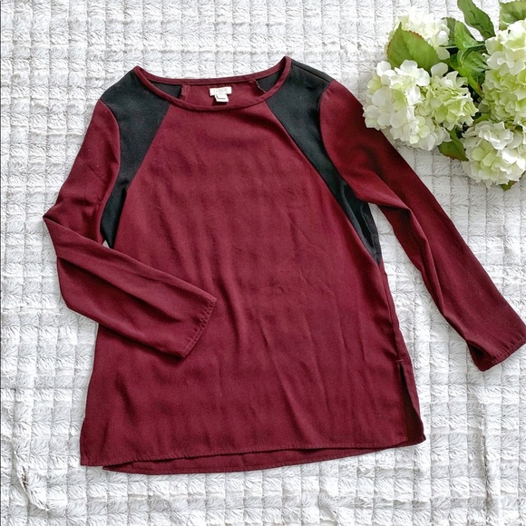 J Crew Maroon Contrast Shoulder Crepe Blou… - Picture 1 of 4